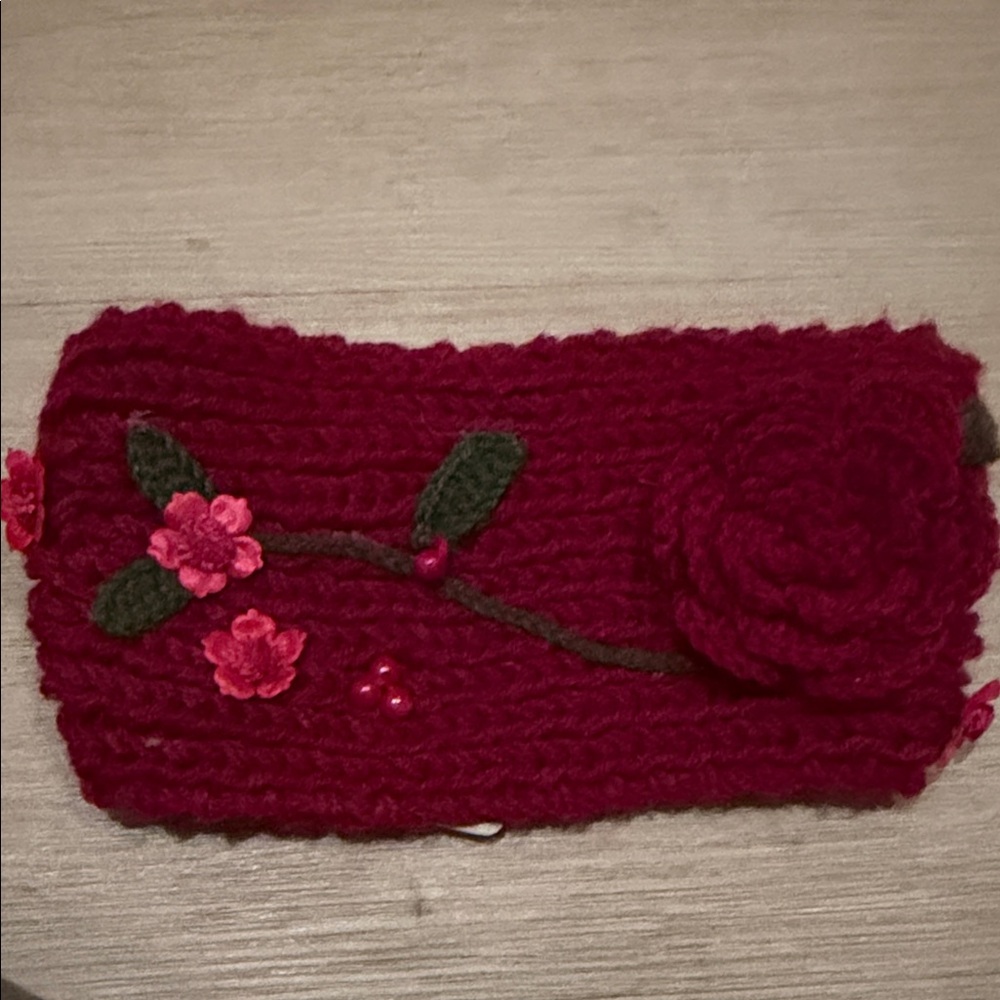 Handcrafted Floral Knit Headband - Red